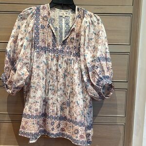 Floral Peasant Blouse by Mille in Cream and Blue